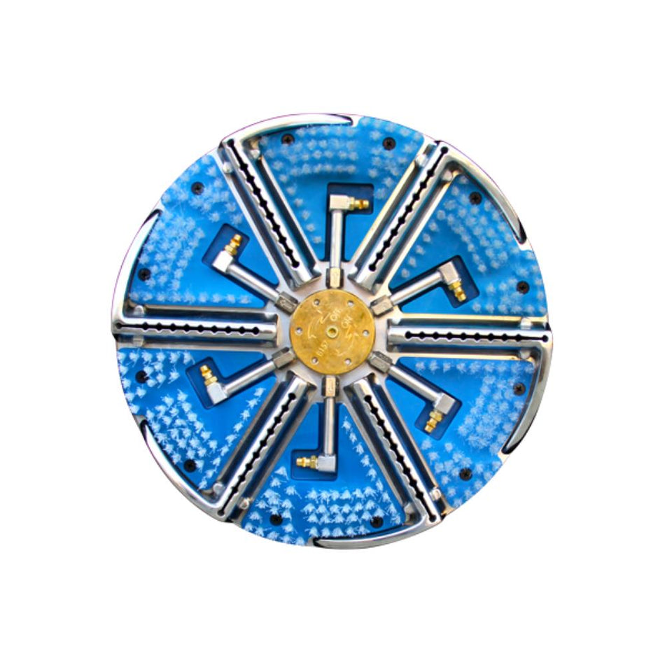 Circular cleaning component with blue circuit board and metallic frame on a white background