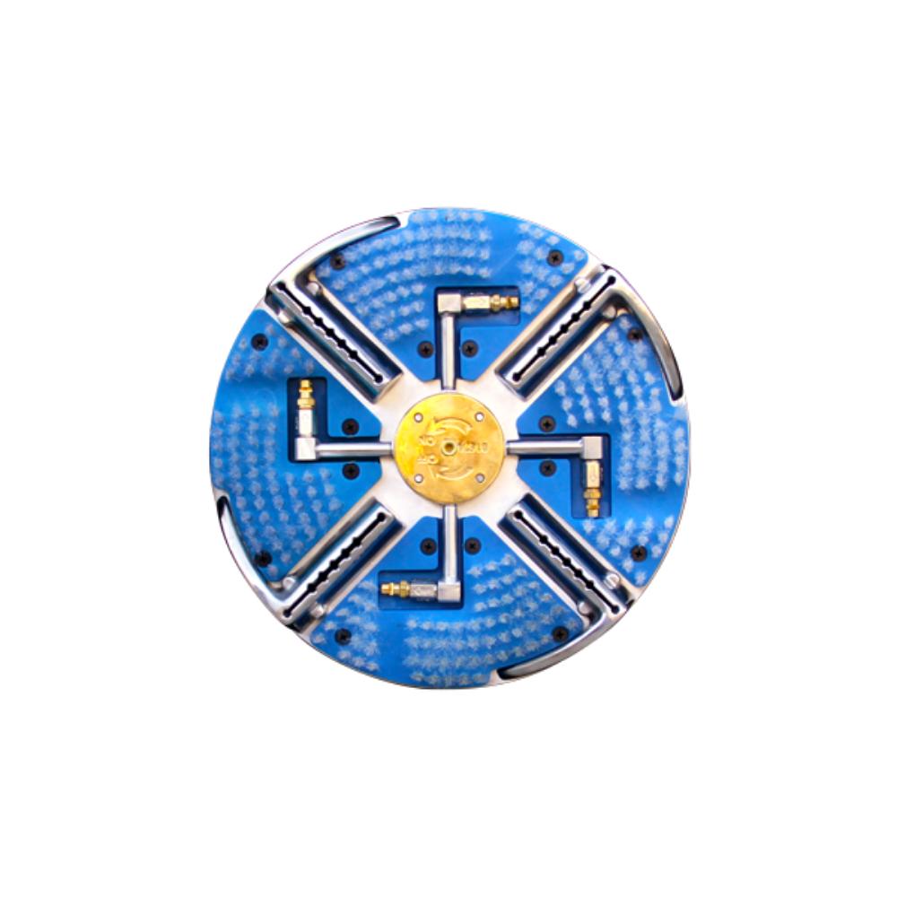 Circular cleaning component with blue casing and gold center on a white background