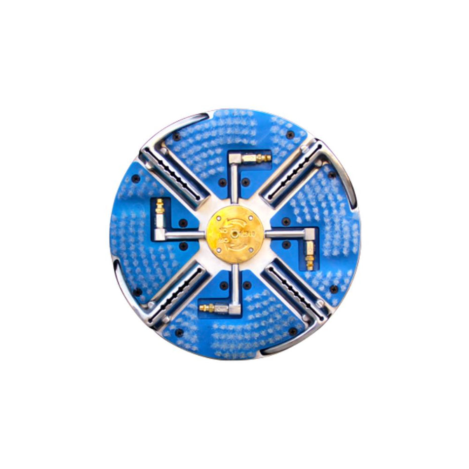 Circular cleaning component with blue casing and gold center on a white background
