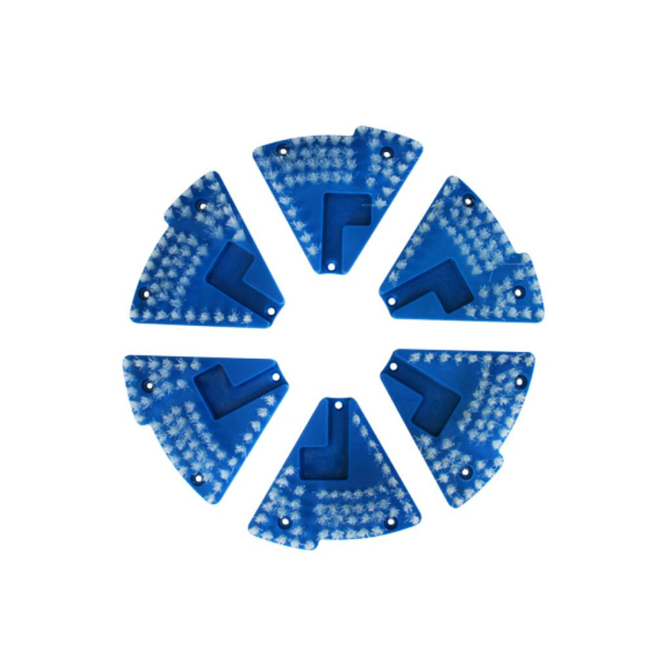 Blue plastic components arranged in a circular pattern on a white background