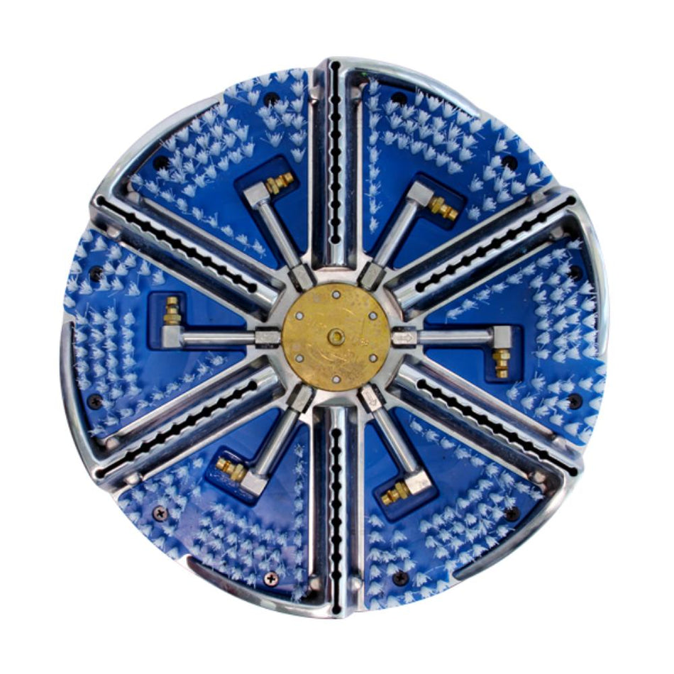 Decorative circular object with blue pattern and metallic accents on a white background