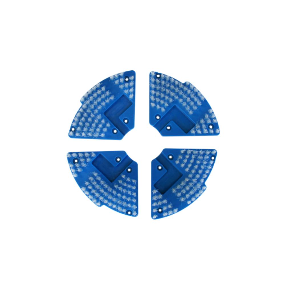 Four blue corner protectors arranged in a circular pattern on a white background