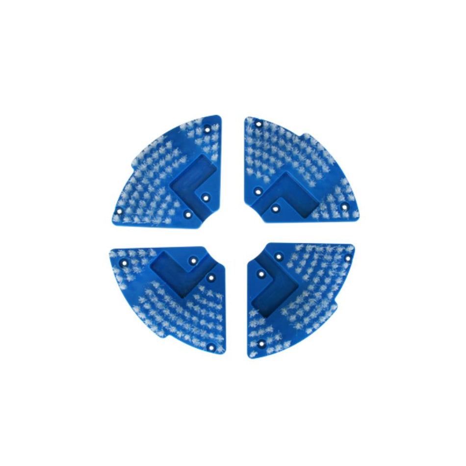 Four blue corner protectors arranged in a circular pattern on a white background