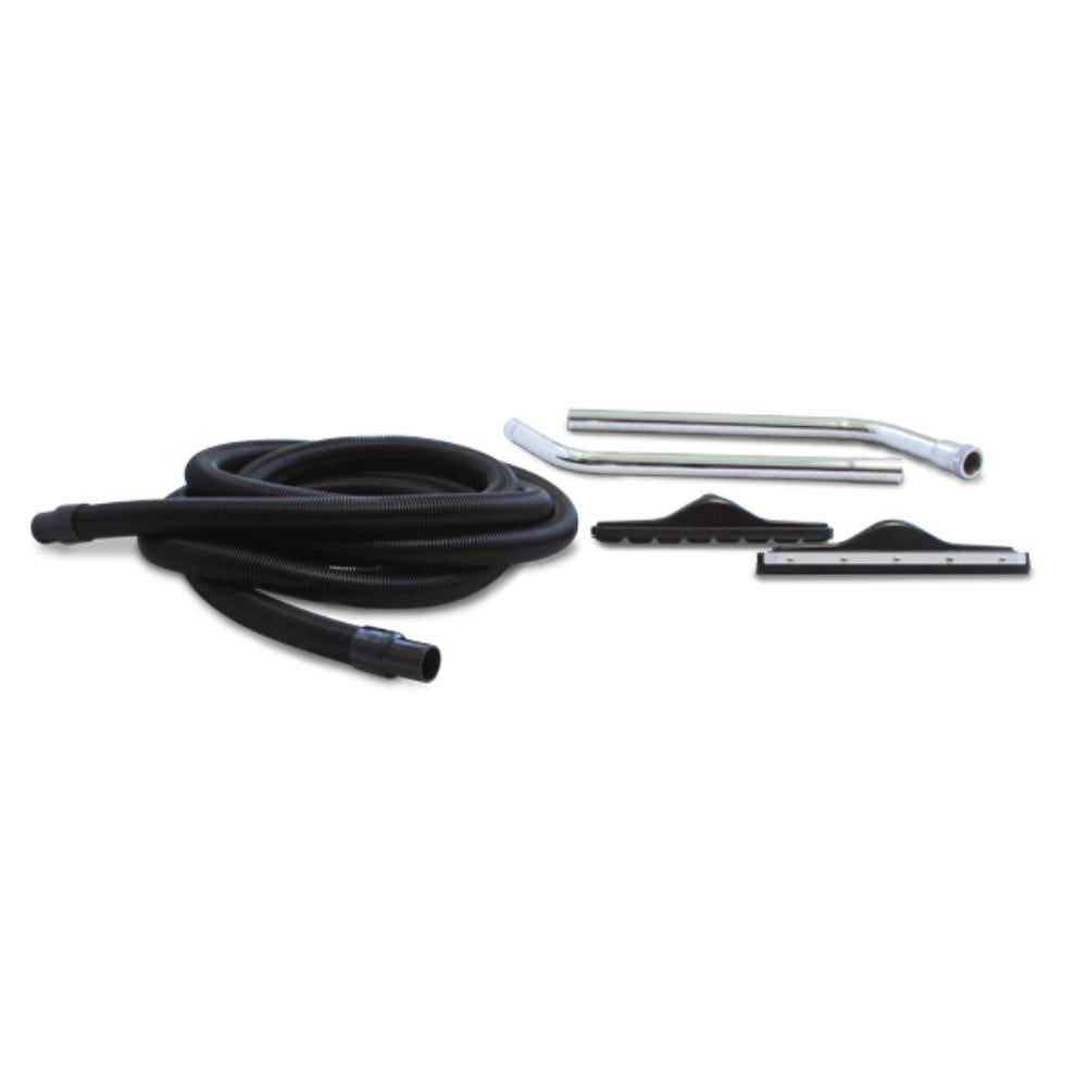 Set of vacuum cleaning attachments including a black hose, silver nozzles, and squeegees on a white background.