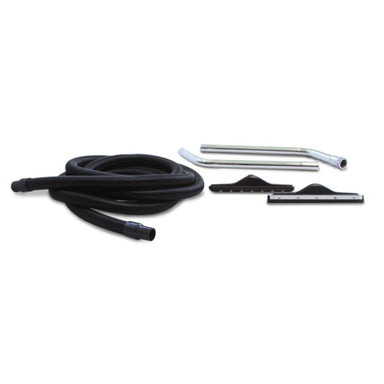 Set of vacuum cleaning attachments including a black hose, silver nozzles, and squeegees on a white background.