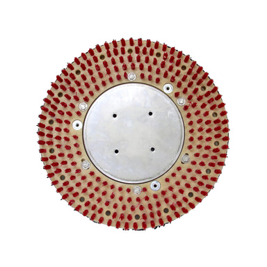 Round cleaning brush with red bristles on a white background