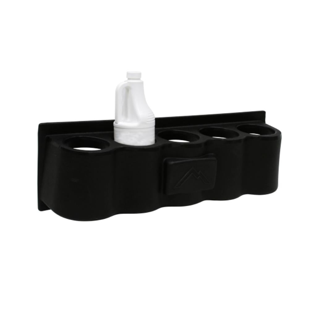 Black cup holder with a white bottle on a white background