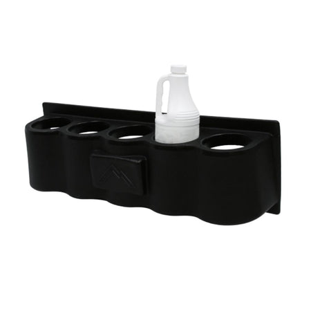 Black drink holder with a white bottle on a white background