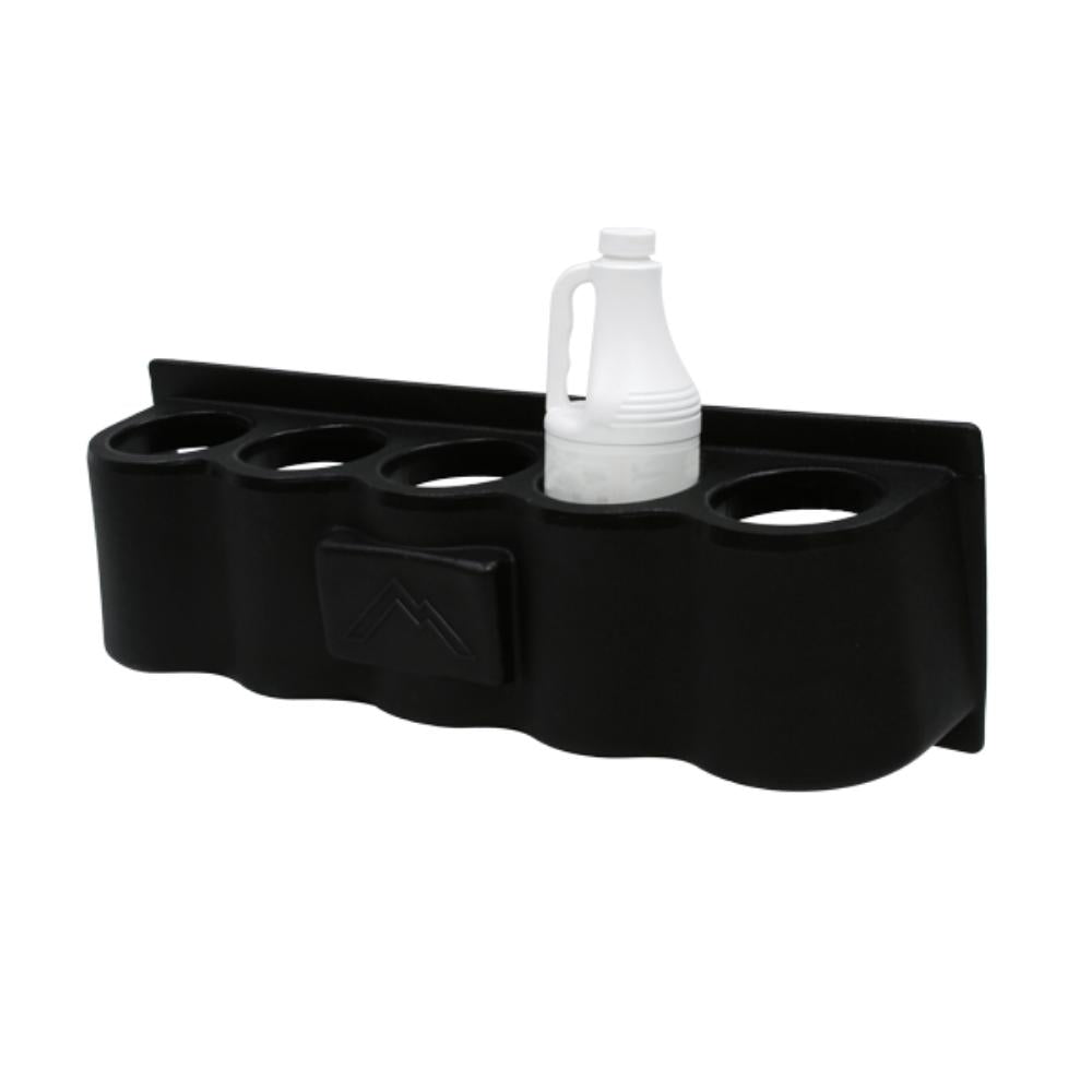 Black drink holder with a white bottle on a white background