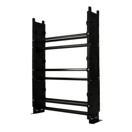 Black metal shelving unit on a white background