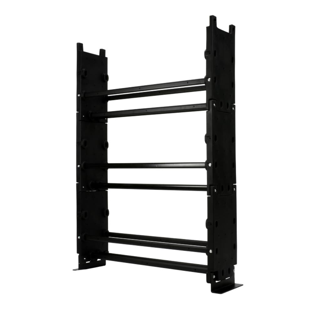 Black metal shelving unit on a white background