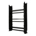 Black metal shelving unit on a white background