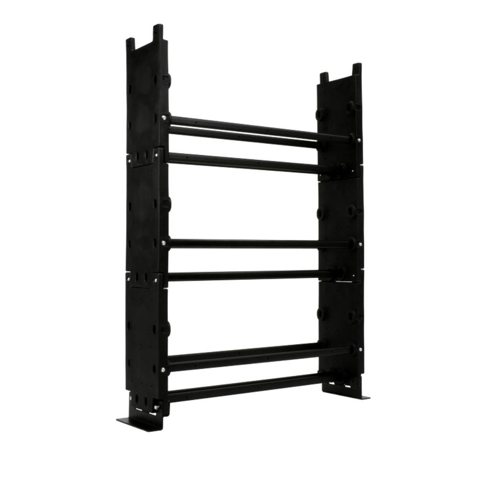 Black metal shelving unit on a white background