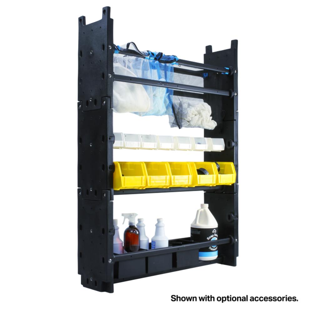 Black shelving unit with yellow bins and various bottles on a white background