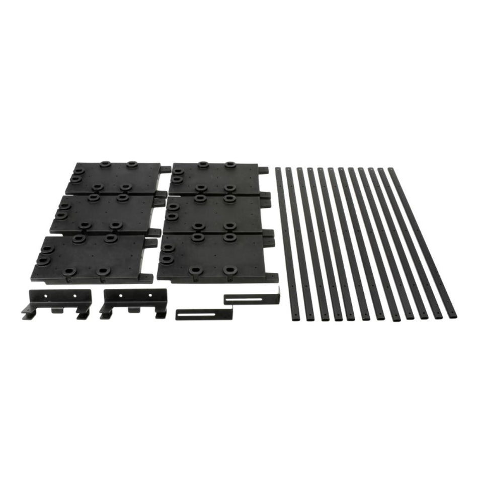 Set of black mechanical components on a white background