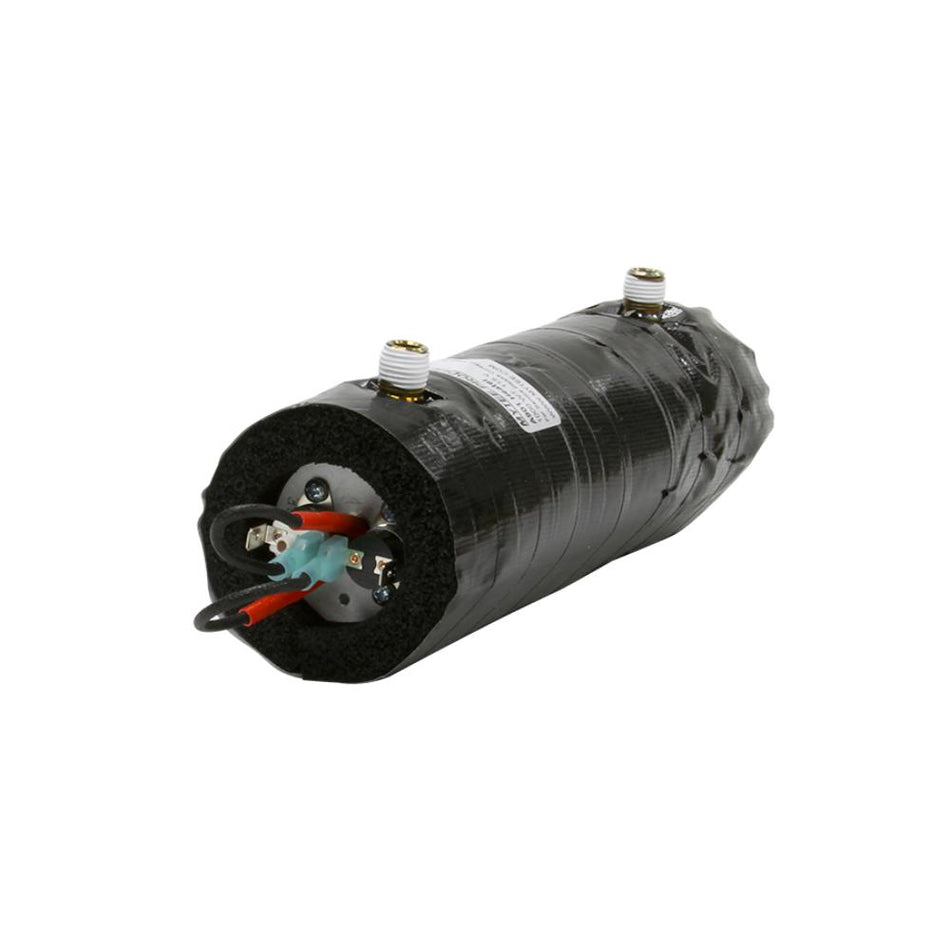 Black cylindrical motor with wiring on a white background