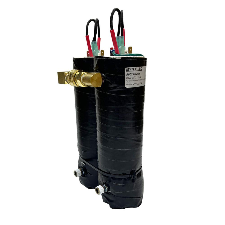 Black cylindrical heating element with visible branding on a white background