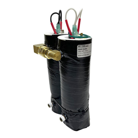 Black cylindrical heater with electrical connections on a white background