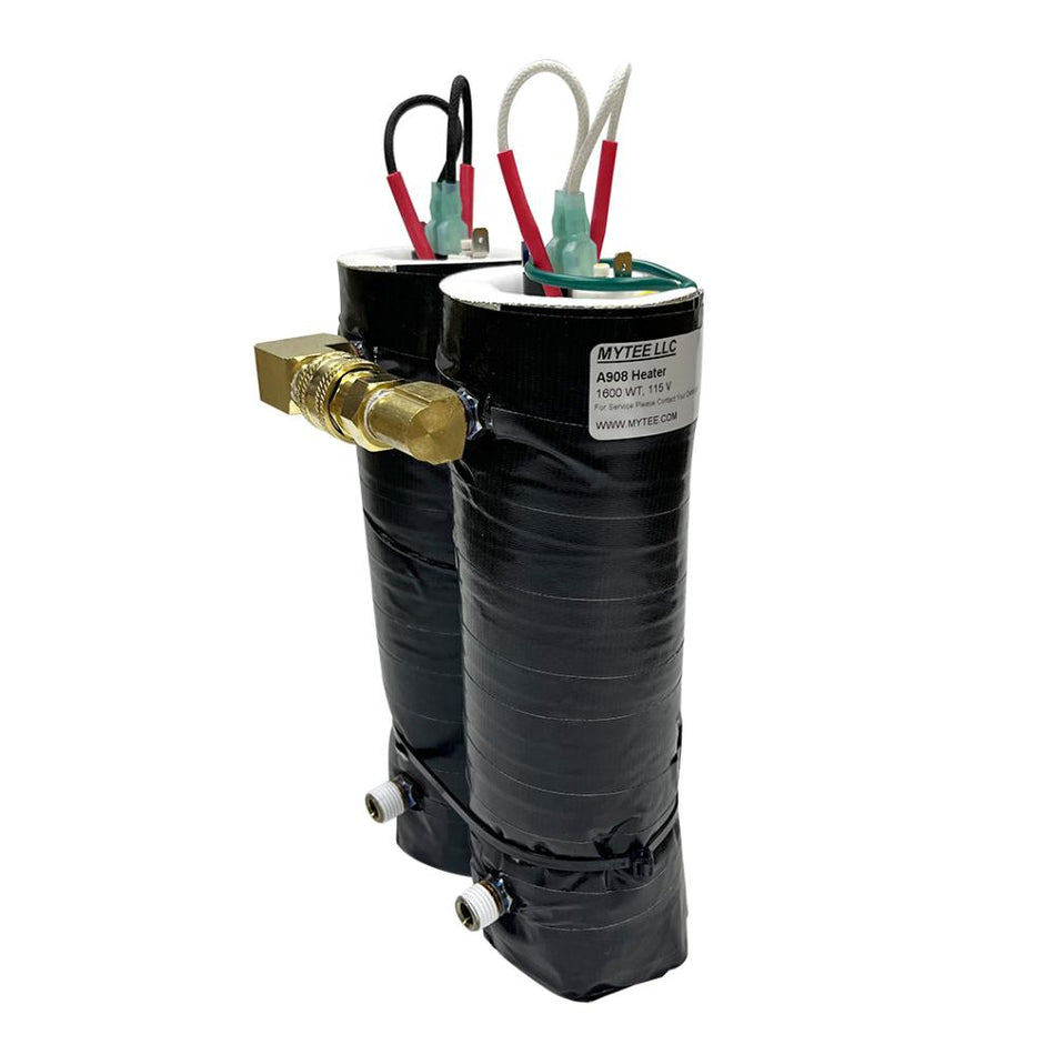 Black cylindrical heater with electrical connections on a white background