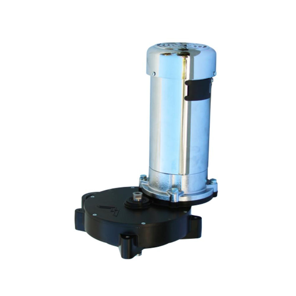 Metallic cylindrical device with black base on a white background