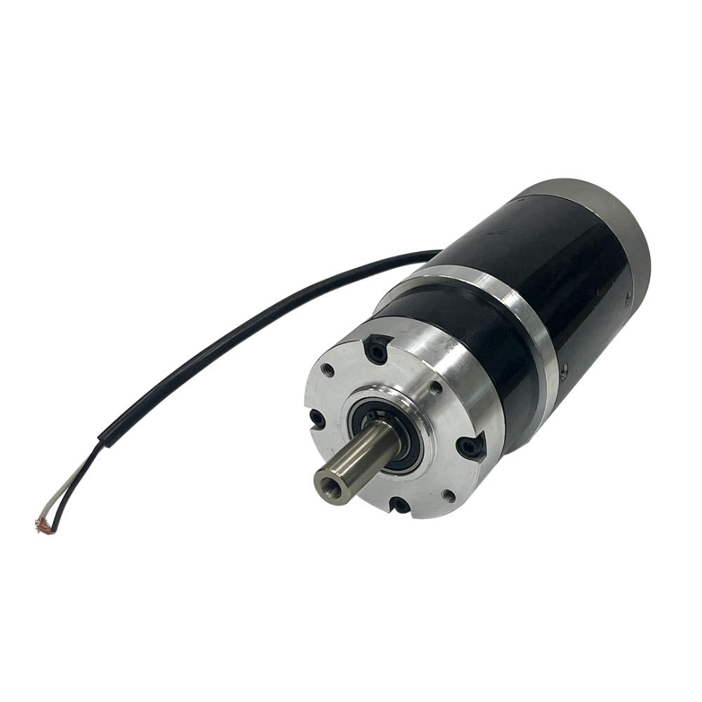 Motor with black casing and silver shaft on a white background