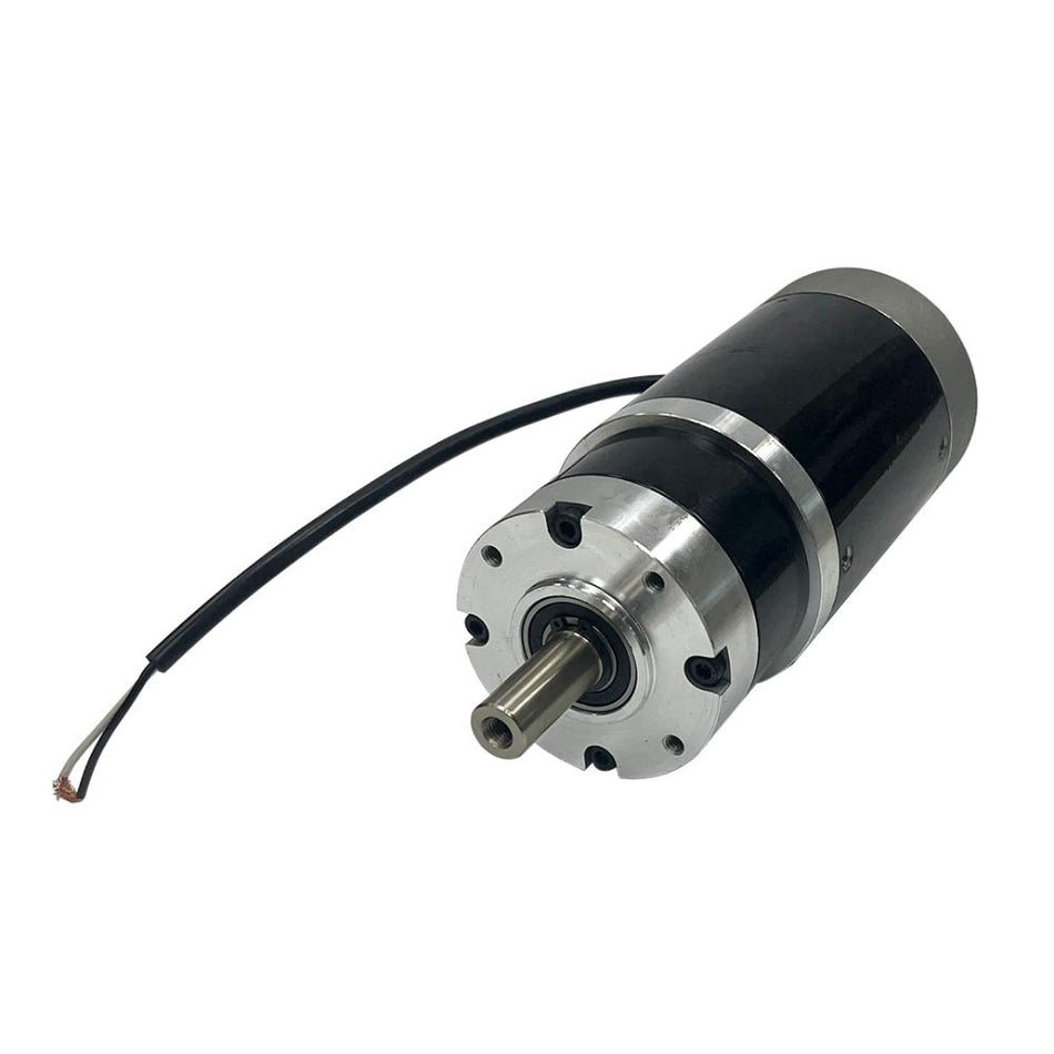 Motor with black casing and silver shaft on a white background