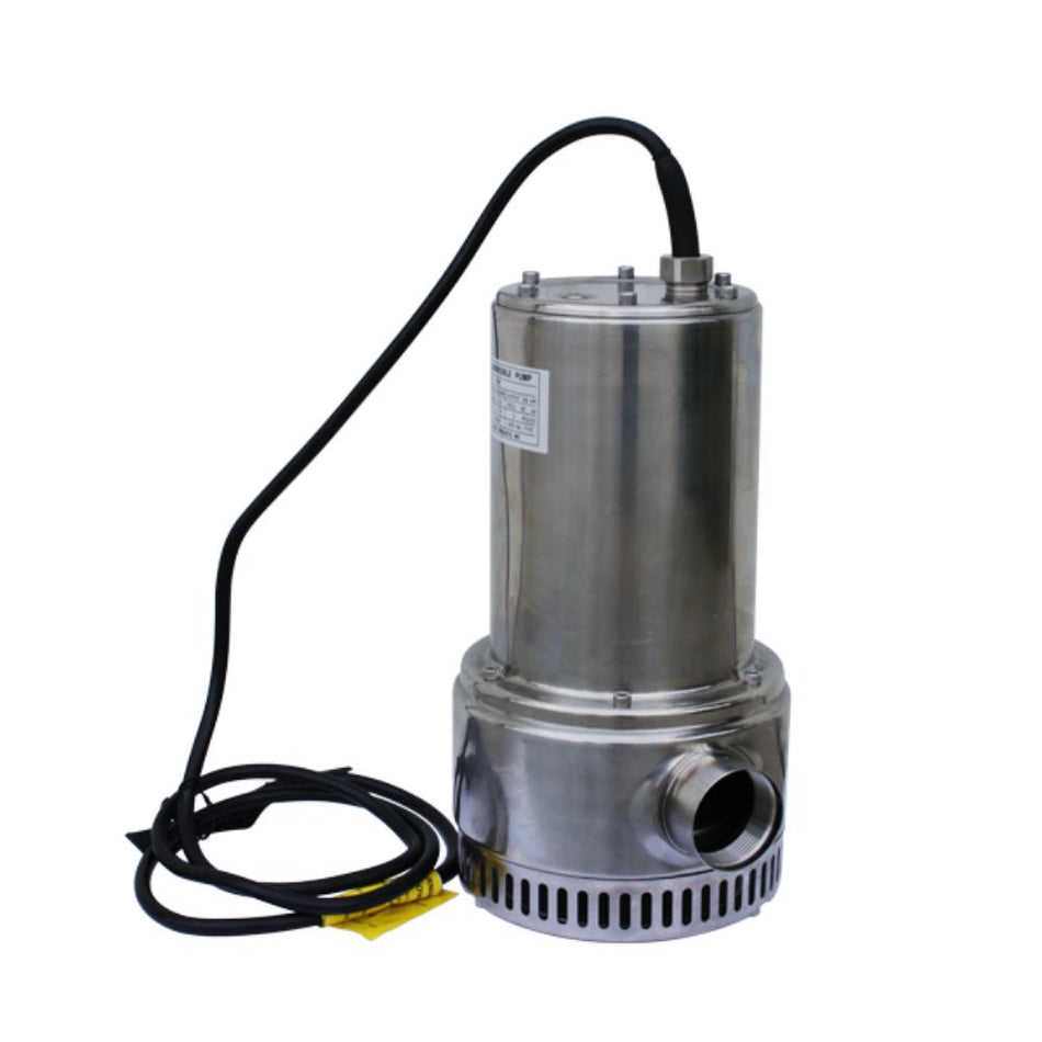 Stainless steel submersible pump with power cord on a white background
