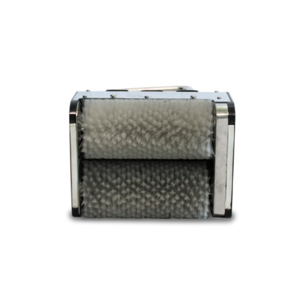 Roller with textured surface and metallic frame on a white background
