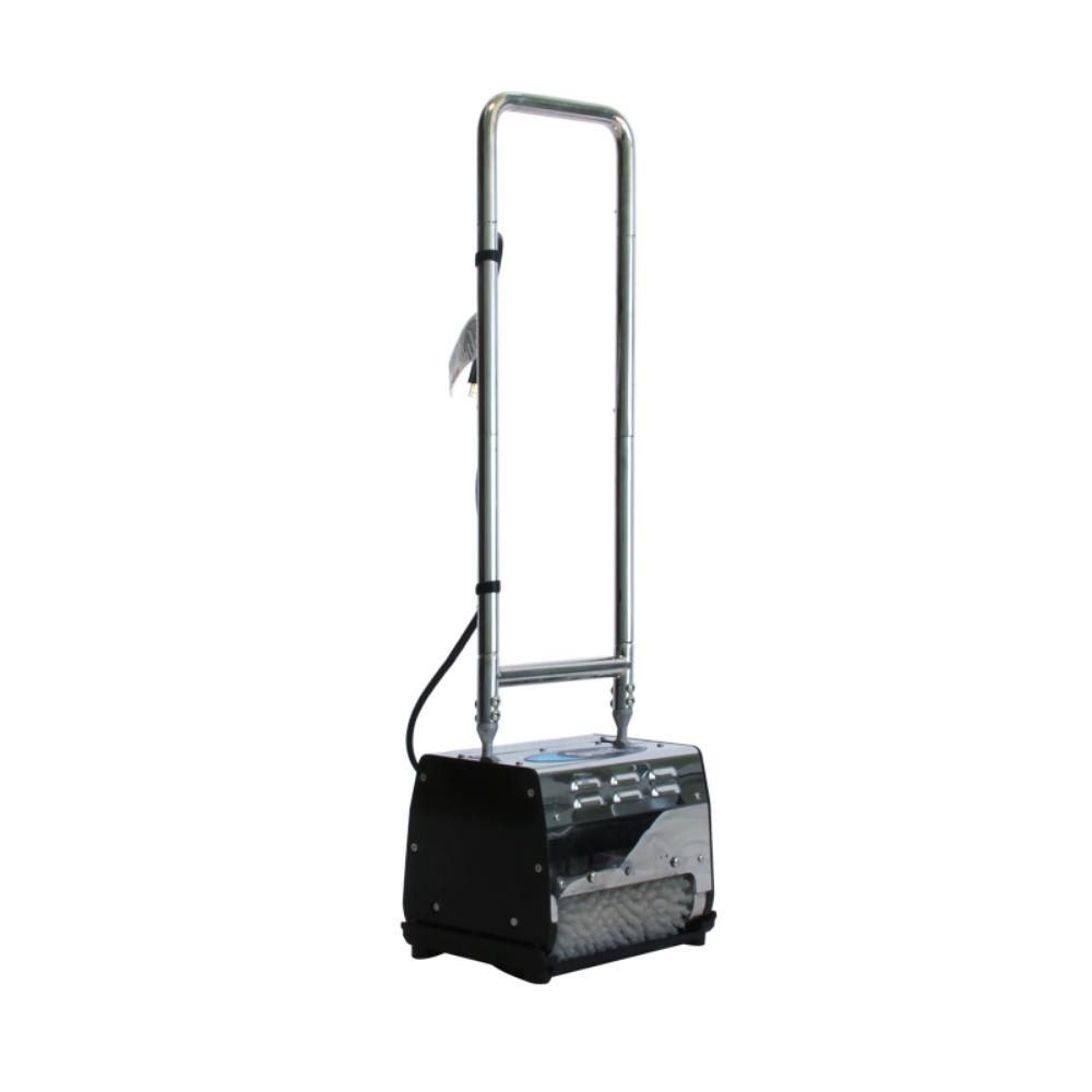 Black and silver floor cleaning machine on a white background