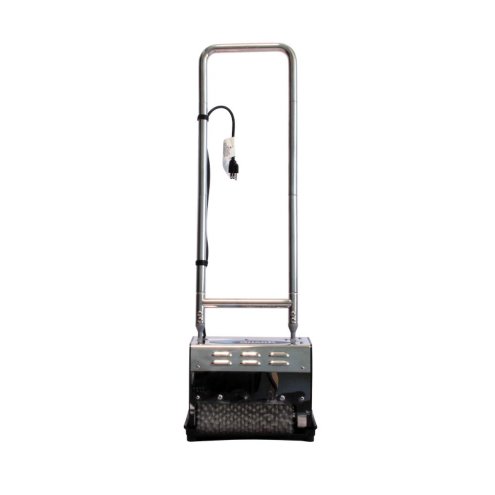 Handheld cleaning device with a power cord on a white background