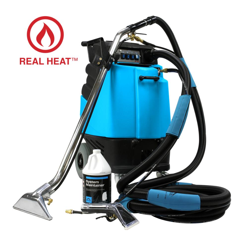 Blue backpack Mytee Contractor Special steam cleaner with attachments and a bottle of cleaner on a white background, featuring the 'Real Heat' brand.