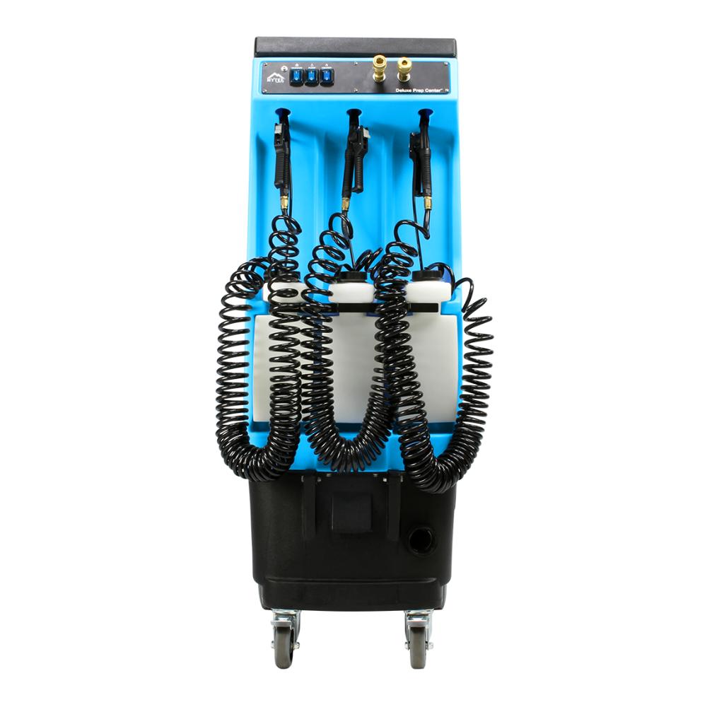 Mytee-Prep-Center Blue and black machine with coiled hoses on a white background