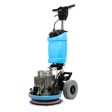 Floor polishing machine with blue container on a white background