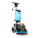 Floor polishing machine with blue tank and circular pad on a white background