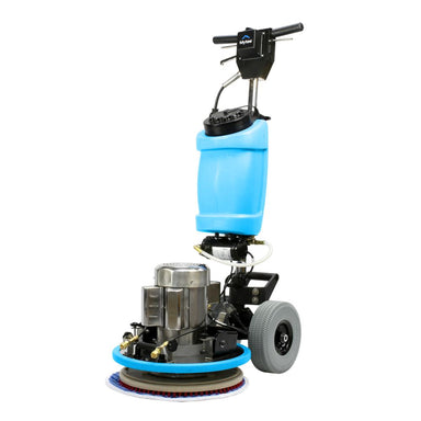 Floor polishing machine with blue and black design on a white background