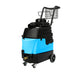 Blue and black cleaning machine with a basket on a white background