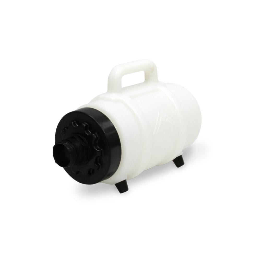 White plastic container with black lid on a white background