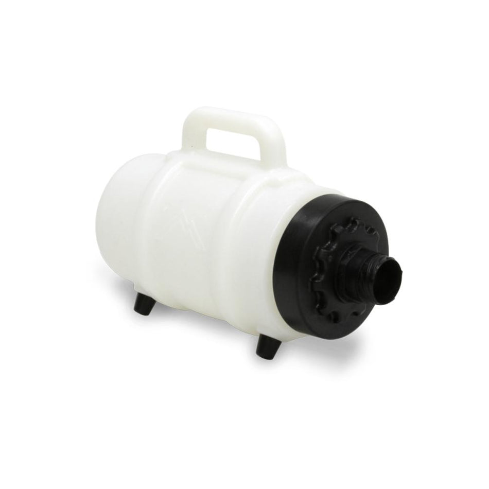 White plastic container with black valve on a white background