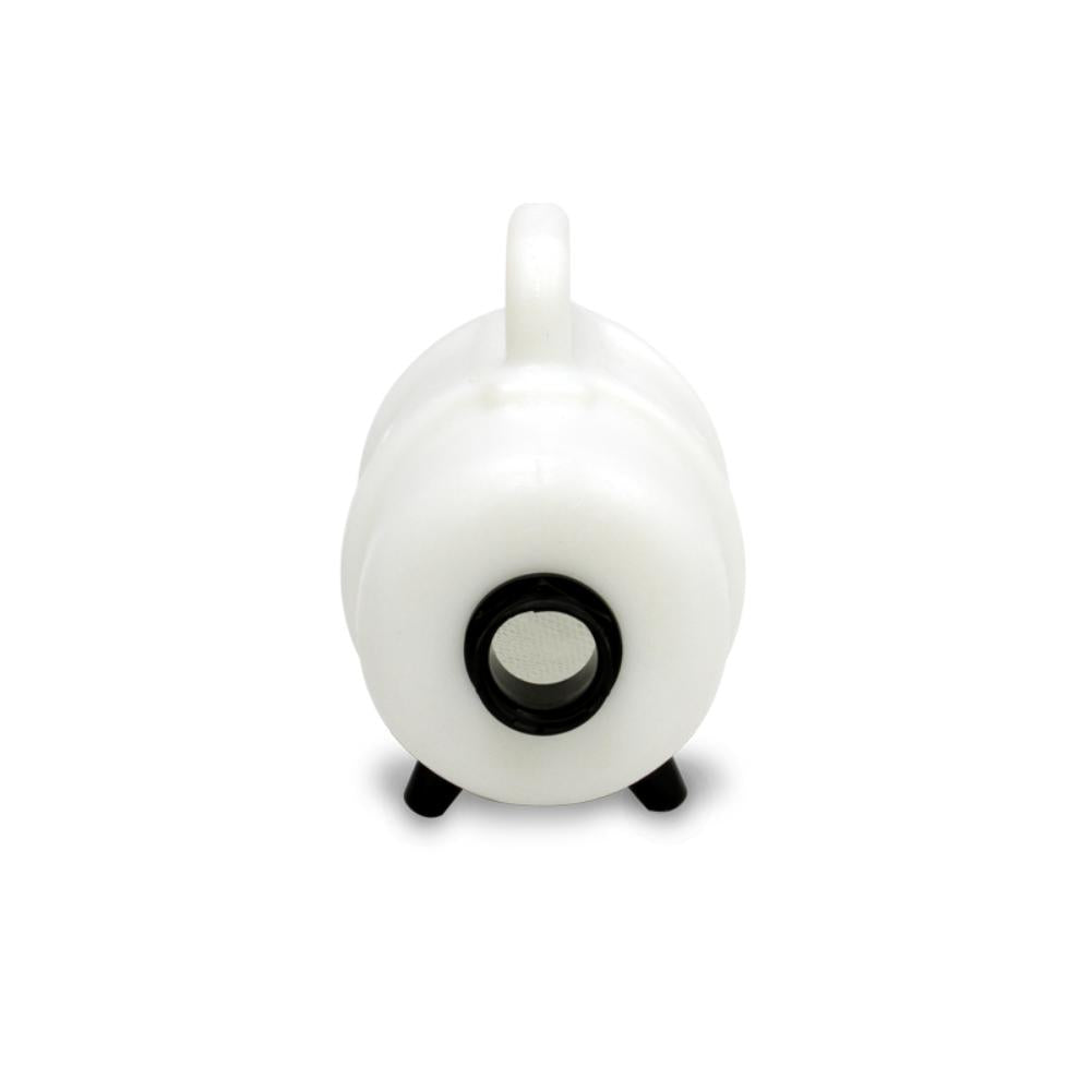 White spherical object with a black center on a white background