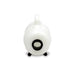 White spherical object with a black center on a white background