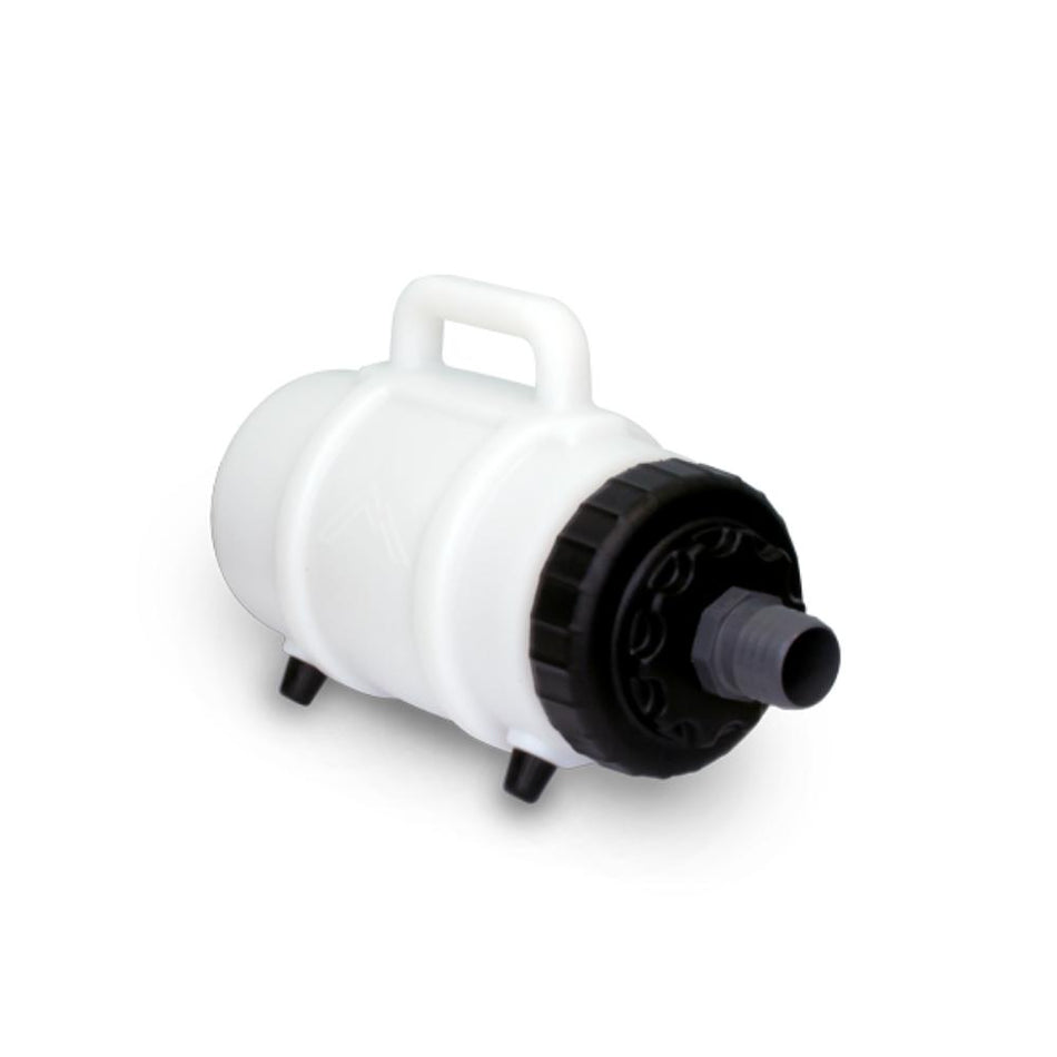 White plastic container with black valve on a white background
