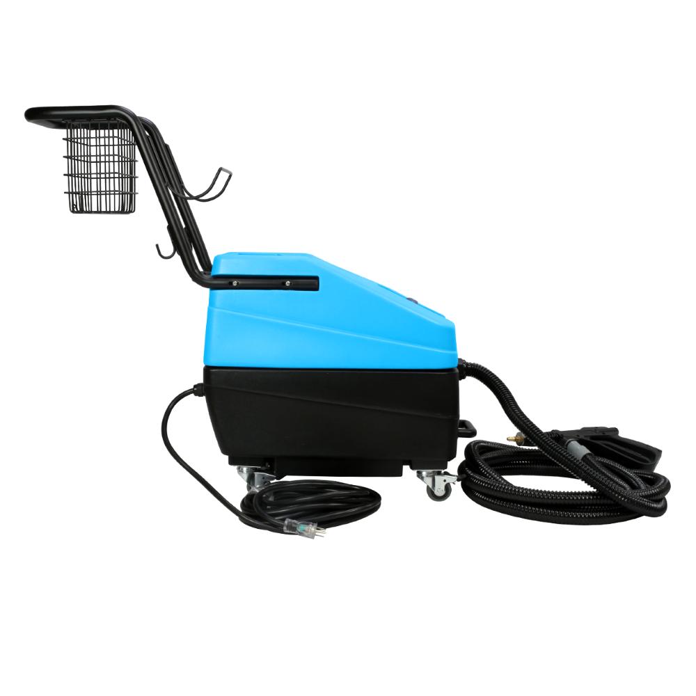 Blue and black cleaning machine with a basket on a white background