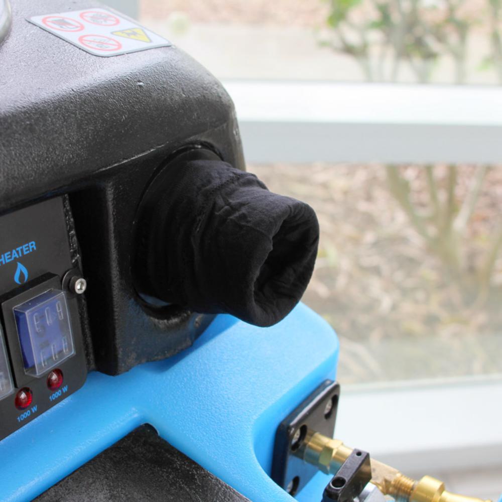 Blue machine with black nozzle and digital display, outdoors.