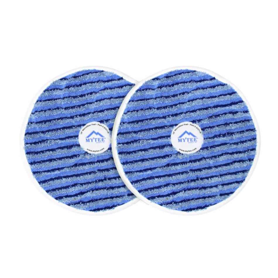 Two blue cleaning pads with a brand logo on a white background