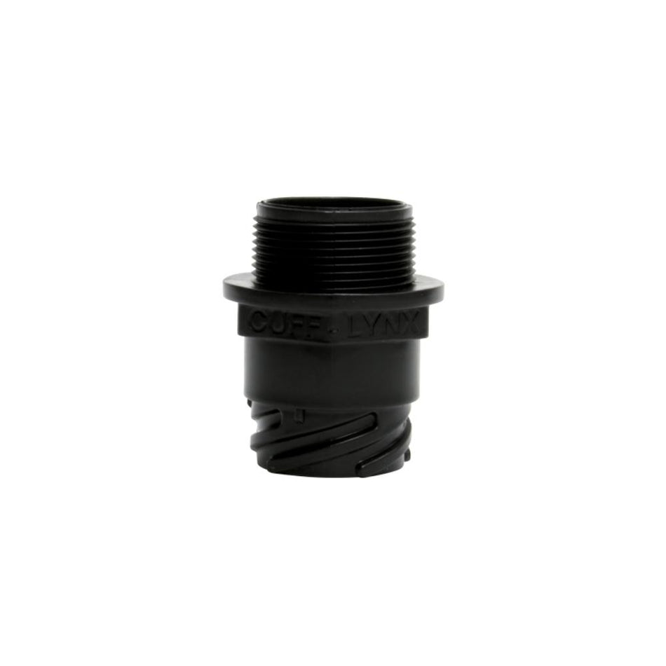 Black threaded fitting on a white background