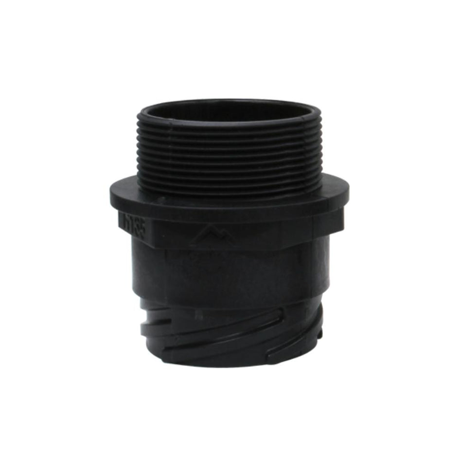 Black plastic pipe fitting on a white background