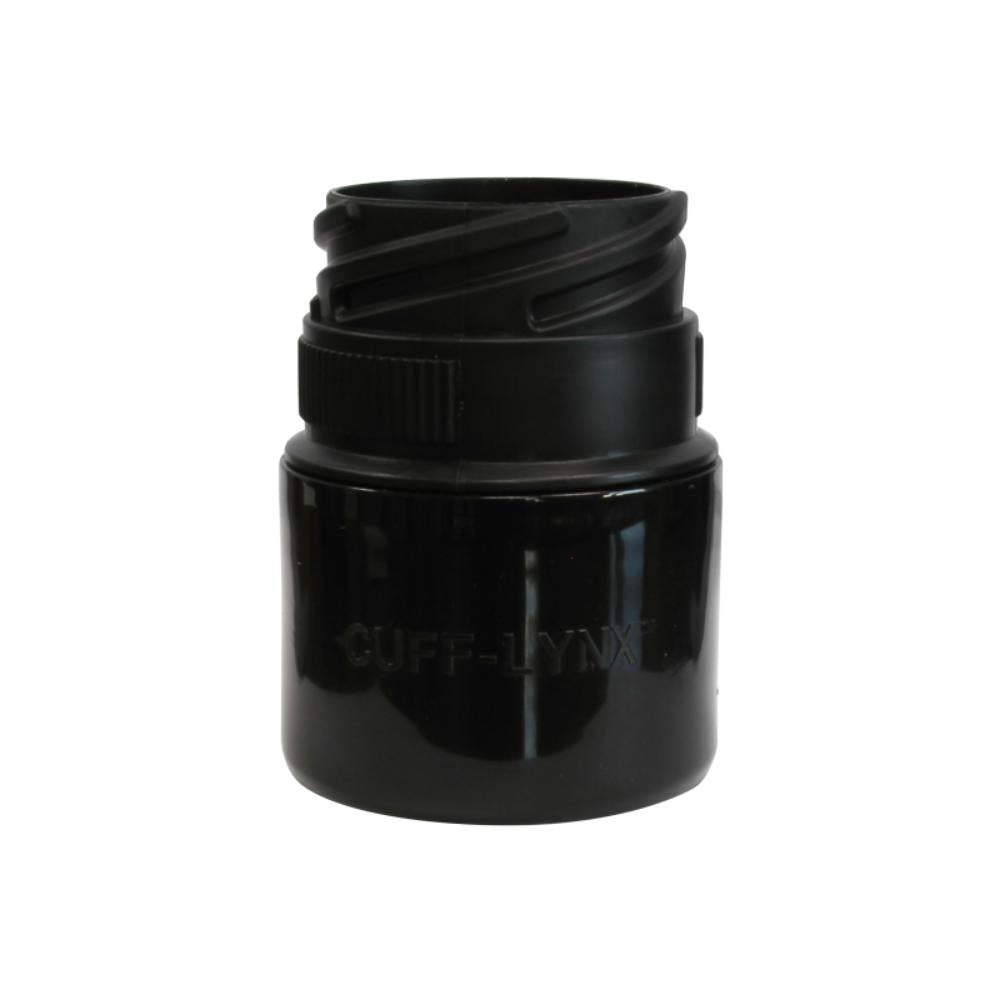 Black plastic pipe fitting on a white background