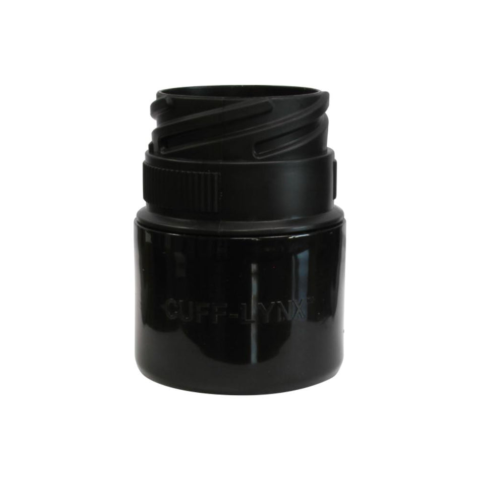 Black plastic pipe fitting on a white background