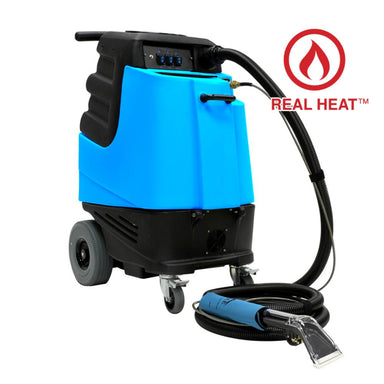 Blue and black steam cleaner with 'Real Heat' logo on a white background