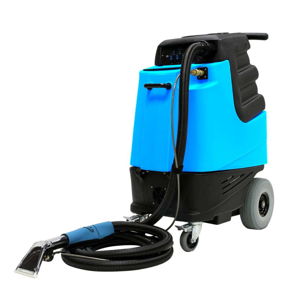 Blue and black Mytee-HP-120-Grand-Prix cleaner with hose on a white background